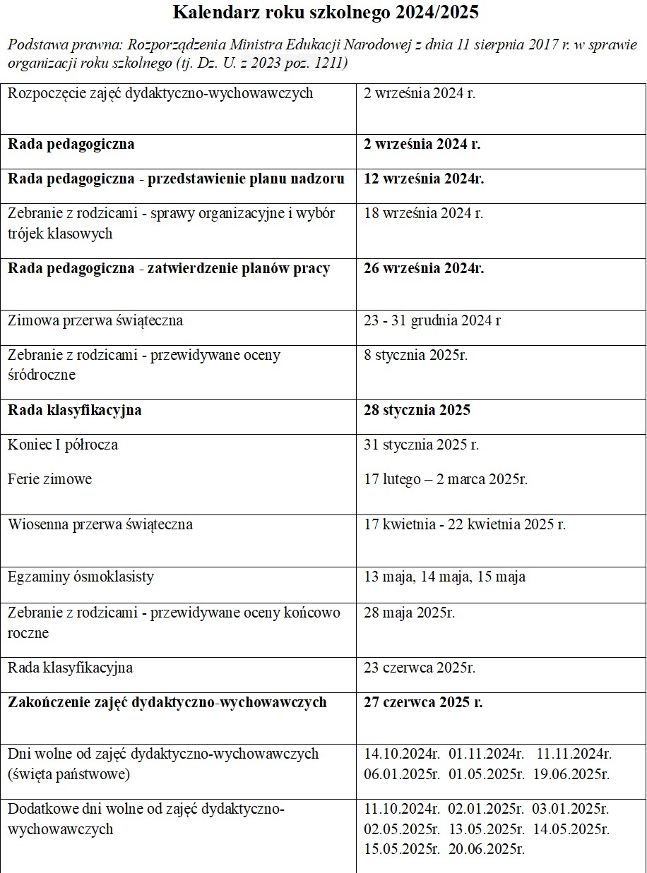 Kalendarz roku szkolnego 2024/2025